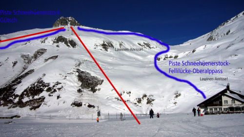 Mögliche Szenarien, zumal ich eine Verbindung via Pazolastock für unrealistisch halte: Zwei Sesselbahnen (rot), eine Gütsch-Schneehüenerstock, eine Alpsu-Schneehüenerstock. Problem: Schwierige Pistenführung (blau: Ideen) wegen Lawinenhängen!

