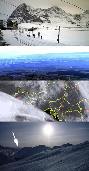 Da hatten wir Glück! Im Süden hatte es Bewölkung - das Wolkenband war gegen Norden hin klar abgegrenzt, Wengen und Zermatt hatten z.B. den ganzen Tag dichte Schleier am Himmel (Vergleich Webcams Kleine Scheidegg und Weissenstein mit dem Satellitenbild und dem Wolkenband am Horizont in Sedrun zuunterst)
