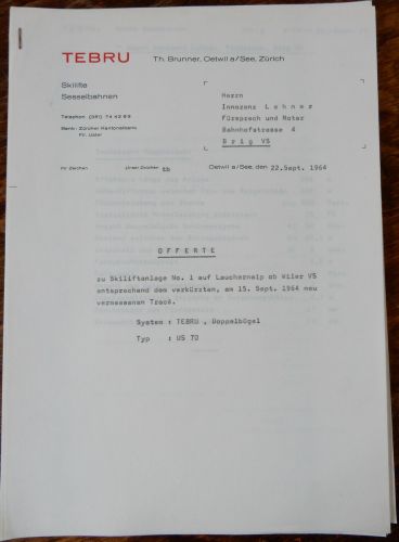 Offerte des später tatsächlich gebauten Tebru-Skiliftes Lauchernalp vom 1.6.1964. 
