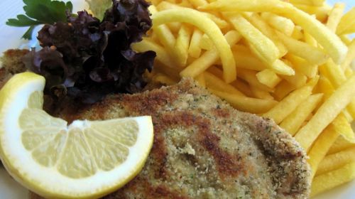 Schnitzel mit Alpenkräuterpanade, Berghaus Schwarenbach, 14. Januar 2012
