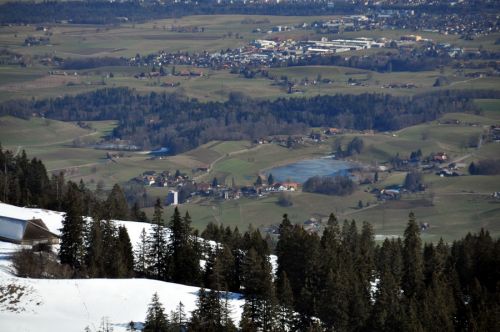 Blick zum noch halb zugefrorenen Dittligsee zwischen Wattenwil und Blumenstein
