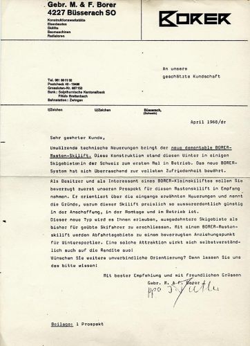Brief von Borer, mit Prospekt (nächstes Bild), April 1968
