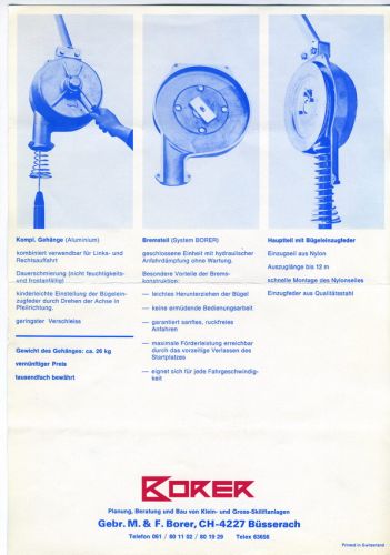 Prospekt (zweiseitiger Flyer) des ersten Hydro-Gehänges von Borer, ca. späte 1960er- / frühe 1970er-Jahre, Rückseite (Archiv WSO Oetwil)
