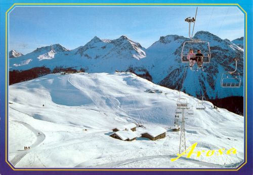 Postkarte "Krähentschuggenbahn", gestempelt 1992 (Foto & Verlag Benker, Arosa)
