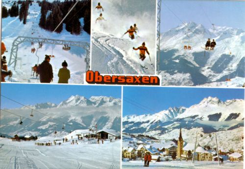 Postkarte Obersaxen (gestempelt 1982), Müller-Sessellifte, Doppelmayr-Skilift (Geiger, Flims-Waldhaus)
