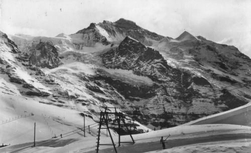 Lauberhorn-Skilift, System Constam, ca. 1940er-Jahre (Postkarte, Kunstverlag Goetz, Luzern, Nr. 6188, "Scheidegg-Lauberhorn-Skilift") - Postkarte in Wengen gekauft im März 2006
