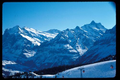 In der 4er-Gondelbahn Grindelwald-Männlichen, Februar 1982 (Diascan)
