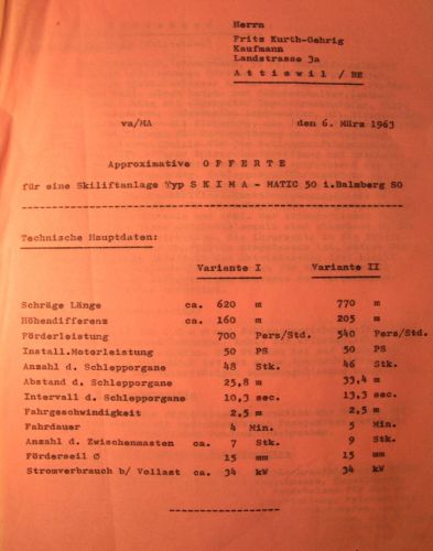 Auch [url=http://www.jacomet.ch/themen/skilift/album/index.php?cat=17]Theo Brunners[/url] "Skima" reichte 1963 eine Offerte für einen Lift am Balmberg ein (Quelle: Nachlass Theo Brunner)
