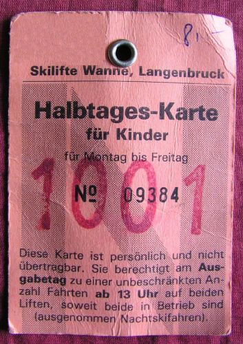 Halbtages-Karte Kinder der Skilifte Wanne, 1988
