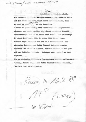 Hinweis zum Wettbewerb in der Sendung "Schülerblabla" auf Radio Raurach (März 1988)

