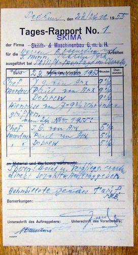 Arbeitsrapport der Skima-Arbeiter vom 23./24. November 1955, "Skilift-Montage im Oberalp", Chef J.G. von Arx, Monteure Paul von Arx und Dobrew - gegengezeichnet von Alfred Decurtins. War "Paul von Arx" als Monteur der Sohn des Chefs, der hier gleich mitmontierte?

