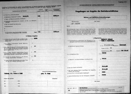 SUVA-Fragebogen "Zur Angabe der Betriebsverhältnisse", 22. Februar 1956, Seite 1+4. Laut diesem Dokument ging der Skilift am 12.1.1956 in Betrieb.
