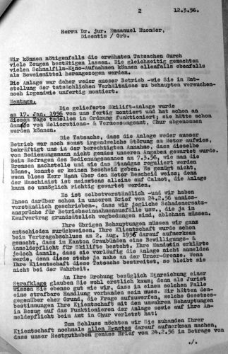 Hochinteressant: Offenbar wurden am 8.3.1956 Filmaufnahmen gemacht! Wo die wohl sind...? - Die Anlage sei am 17.1.1956 fertig montiert worden. Zudem wirft die Skima den Betreibern fehlerhafte Wartung und Bedienung vor.
