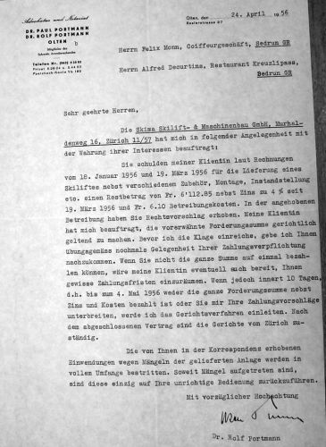 Brief des von Skima beauftragten Oltner Anwaltsbüros Portmann vom 24. April 1956 - es wird nochmals die Zahlung verlangt, die Mängel werden bestritten.
