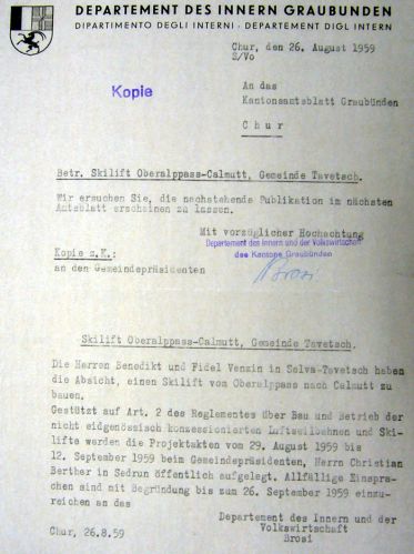 Das scheint geklappt zu haben - am 26. August 1959 wird das Gesuch für den Skilift im Amtsblatt veröffentlicht.
