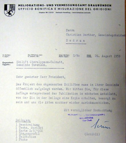Brief des Meliorationsamtes an die Gemeinde Tujetsch vom 26. August 1959
