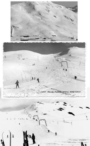 Vergleich der Anlagen von 1960 und 1966: Man beachte die unterschiedliche Anzahl Masten und die unterschiedliche Strecke. Bilder von ca. 1962 (Postkarten, Archiv skiliftfotos.ch) und 1983 (eigenes Bild skiliftfotos.ch)
