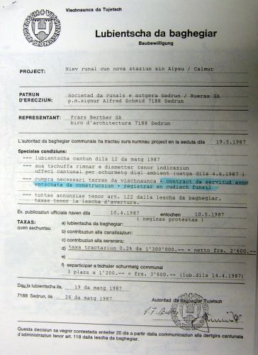 Baubewilligung der Gemeinde Tujetsch vom 26. Mai 1987
