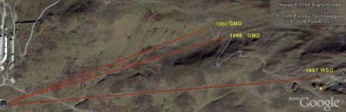 Auf den Spuren der früheren Skilifte: Satellitenfotos zeigen wunderbar die Strecken der Lifte von 1960, 1966 und 1987. Einzig die Lage des Skima-Liftes ist noch ein Geheminis.
