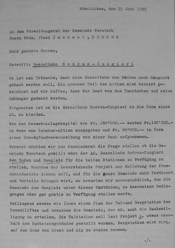Brief von Lucas Berther vom 25.6.1955 zum Bau des Sesselliftes Cungieri ([url=http://www.jacomet.ch/themen/skilift/album/thumbnails.php?album=5]mehr Dokumente zu Cungieri hier[/url])
