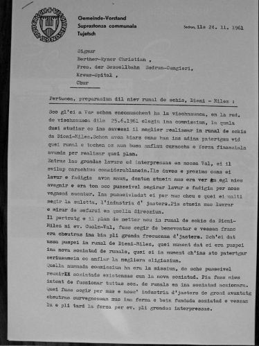 Brief des Gemeindevorstandes Tujetsch an die Sesselbahn Cungieri vom 24.11.1961, Anregung zur Fusion mit der in Gründung begriffenen Skilift-AG
