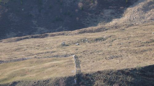 Aussicht nach Valtgeva: Mastensockel des früheren Skiliftes Drun
