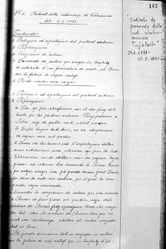 Gemeindeversammlungs-Protokoll vom 3.7.1955, erste offizielle Behandlung der Sesselbahn Cungieri. Die Rede ist von einer "funiculara da sessels", da wohl noch kein adäquates rätoromanisches Wort für "Sessellift" existierte.
