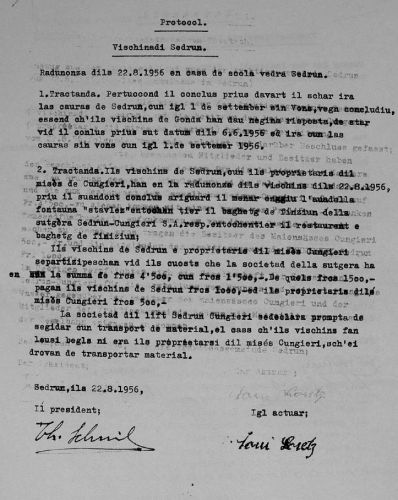 Auszug aus dem Protokoll der Sitzung der Fraktionsgemeinde Sedrun vom 22.8.1956, romanische Version
