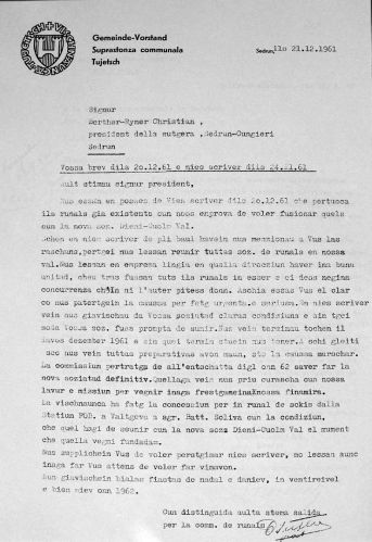 Weitere Begründungen der Gemeinde, warum eine einzige Gesellschaft im Tal vorteilhaft für alle Beteiligten wäre - Brief vom 21.12.1961...
