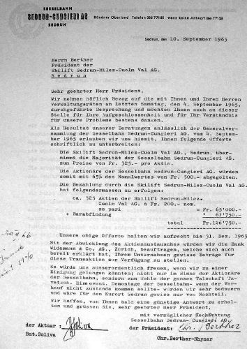 Erst 1965 nahmen die Fusionsbestrebungen Konturen an: Am 10.9.1965 macht die Sesselbahn Sedrun-Cungieri AG ein Übernahmeangebot. Offenbar ist die Sesselbahn in der Defensive, im Brief steht: "Eine event. Demontage der Sesselbahn - wenn der Verkauft nicht zustande kommen sollte - würden wir sehr bedauern." War der Lift in einem so schlechten Zustand und hatte die AG so wenig Geld?
