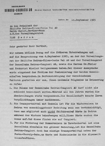 Nachdoppeln am 10.9.1965: "Die Bilanz der Sesselbahn Cungieri AG darf nicht als schlecht bezeichnet werden. (...)"
