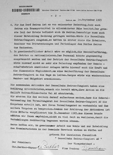 Der Ton des Briefes lässt darauf schliessen, dass es für die Sesselbahn keine andere Option gab als den Verkauf. Hier wird noch ein Aktientausch, also eine Art Fusion, vorgeschlagen.
