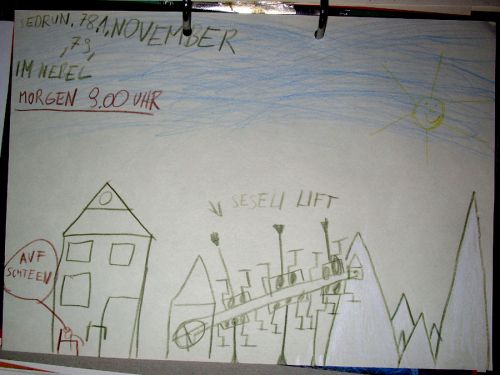 Sedrun mit Cungieri-Lift 1978: Zeichnung des Galeriebetreibers aus dem Kindergarten
