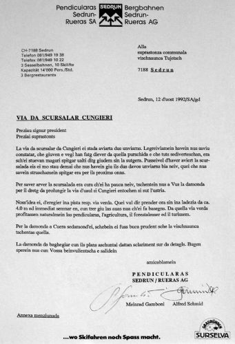 Brief der Bergbahnen vom 12.8.1992, Gesuch um Verlängerung der (seit 2 Jahren existierenden) Schlittelbahn bis zur Bergstation (Gemeindearchiv Tujetsch)
