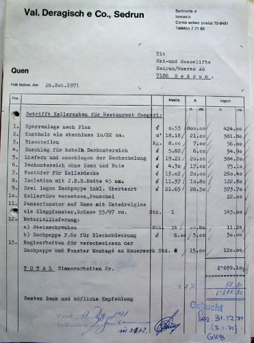 Rechnung der Schreinerei Deragisch vom 26.9.1971 für den Kelleranbau in Cungieri
