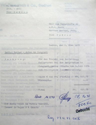 Rechnung des Architekturbüros Gamboni betreffend Kelleranbau, 6. März 1972

