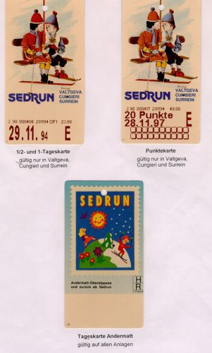 Neues Ticketsystem ab 1990: Halbtages- und Tageskarten (Valtgeva, Cungieri und Surrein), Tageskarte für Gäste aus der Zentralschweiz (mit FO)
