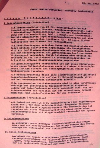 ... und liess dazu im Lauf der Jahre offenbar mehrere Offerten anfertigen, so z.B. eine der Firma "Skima" in Zürich, die ich im Nachlass von  [url=http://www.jacomet.ch/themen/skilift/album/index.php?cat=17]Theo Brunner[/url] entdeckt habe (28.5.1963). Vorgesehen war eine nicht gerade atemberaubende Fahrgeschwindigkeit von 2m/sec.
