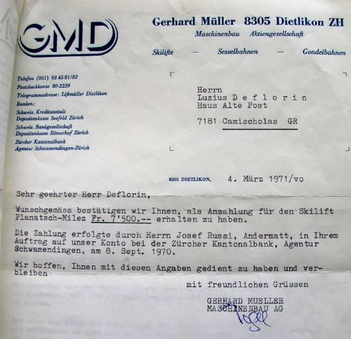 Das Müller-Schreiben vom 4.3.1971 zeigt, dass über einen Josef Russi aus Andermatt Vorauszahlungen geleistet wurden. 
