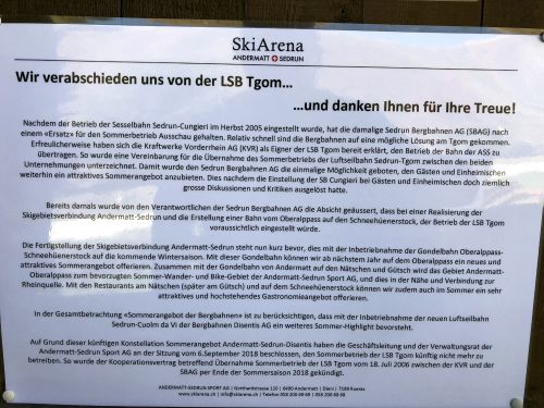 Mitteilung der Bergbahnen zum Sommerbetrieb ab 2019 (Seilbahn Tgom, 21.10.2018)

