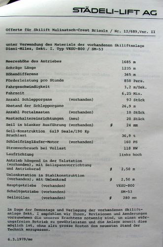 Offerte der Städeli Lift AG vom 6.3.1979 für einen Skilift Mulinatsch, Variante 2
