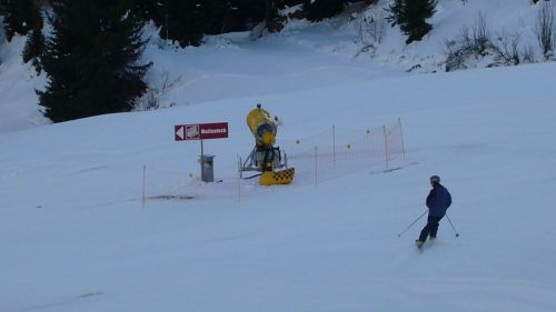 Die Schneedecke ist dünn - von Planatsch aus auf dem Ziehweg ist der einzige momentane Zugang zur Talstation Mulinatsch; hier ist die Abzweigung
