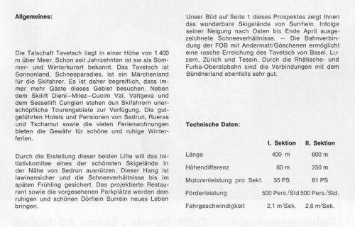 Emissionsprospekt, Seite 2, mit den geplanten technischen Daten der beiden Sektionen. Gebaut wurde später nur die erste, obwohl die zweite bis in die 1980er-Jahre hinein eine Option zu sein schien, wie Pistenpläne bewiesen.
