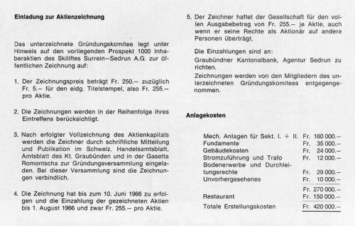 Emissionsprospekt, Seite 4. Zusammen mit einem Restaurant rechnete man mit Erstellungskosten von 420'000 Franken für beide Sektionen. Die Aktien sollten bis am 10.6.1966 gezeichnet werden.
