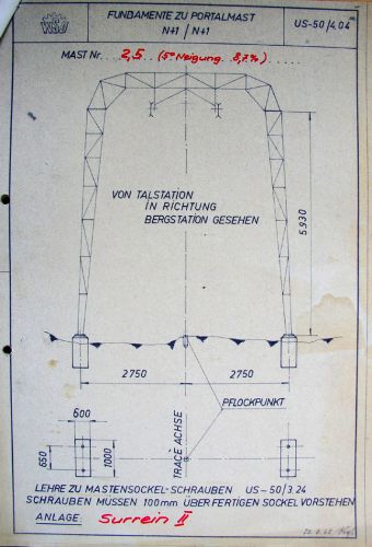 Plan für Portalmast US-50, datiert 20.6.1962 (unten) und 11.7.1966 (1. Seite), für nie verwirklichte Anlage Surrein II.
