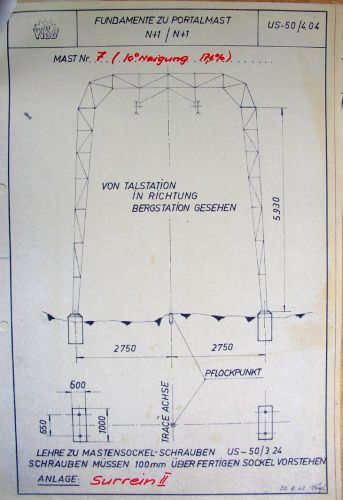 Plan für Portalmast US-50, datiert 20.6.1962 (unten) und 11.7.1966 (1. Seite), für nie verwirklichte Anlage Surrein II.
