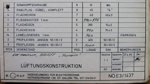Plan "Lüftungskonstruktion", EW Sedrun, 27.4.1965
