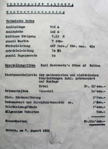 Battesta Soliva (geb. 1934, gest. in den 90er-Jahren, auch "Testi" oder "Testa" genannt) von der heute noch existierenden Pension (Hotel) Soliva an der Oberalpstrasse war ein überzeugter Verfechter des Tourismus in Sedrun und stiess viele Projekte an, so auch den ersten Bügellift in Valtgeva. Das erste Papier vom 8.8.1961 - ein Kostenvoranschlag - zeigt, dass Soliva offenbar schon viele Abklärungen getroffen hatte (alle folgenden Dokumente aus dem Archiv der Bergbahnen Sedrun, Danke an Gion Petschen).
