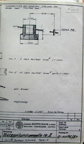 Doppelmayr-Zeichnung der Stützenfundamete, 9.8.1961, "Skilift Sedrun Schweiz Type-A", Zeichnung Nr. S-10176/IIF
