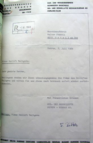 Die obigen Valtgeva-Pläne waren am 2.7.1968 an die Städeli Lift AG nach Oetwil gesandt worden, wie dieser Brief belegt (die WSO als Hauptauftragnehmerin der Bergbahnen Sedrun betreute fortan den Lift)
